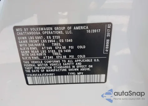 2018 Volkswagen Atlas 3.6L V6 Se/3.6L V6 Se W/Technology z USA, uszkodzony, nr VIN 1V2LR2CA8JC534851